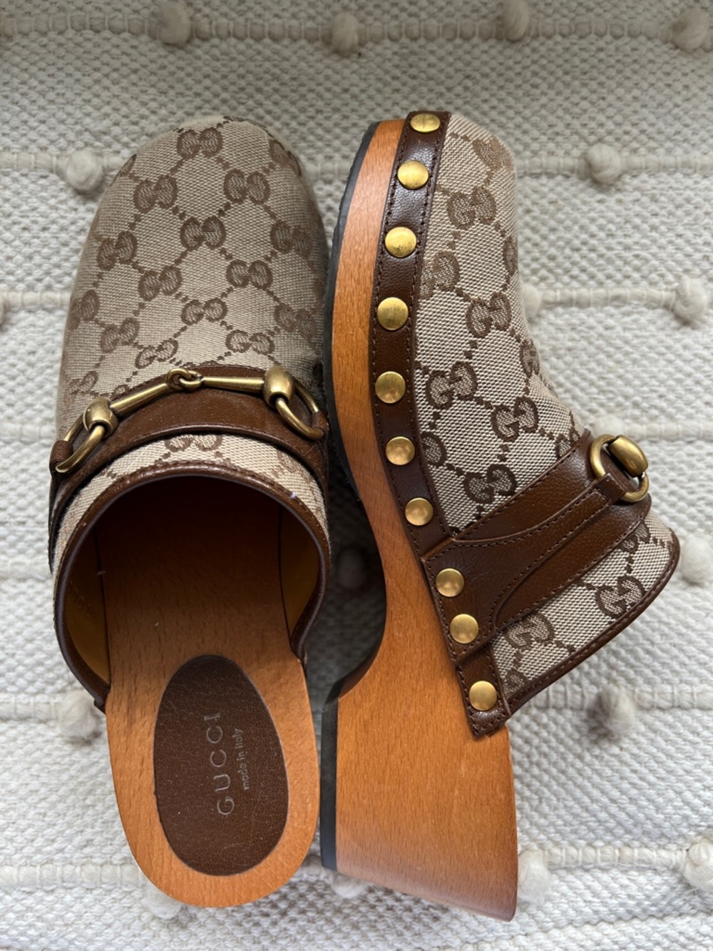 Gucci Beige and Brown Monogram Canvas Horsebit Clogs - Picture 5 of 7